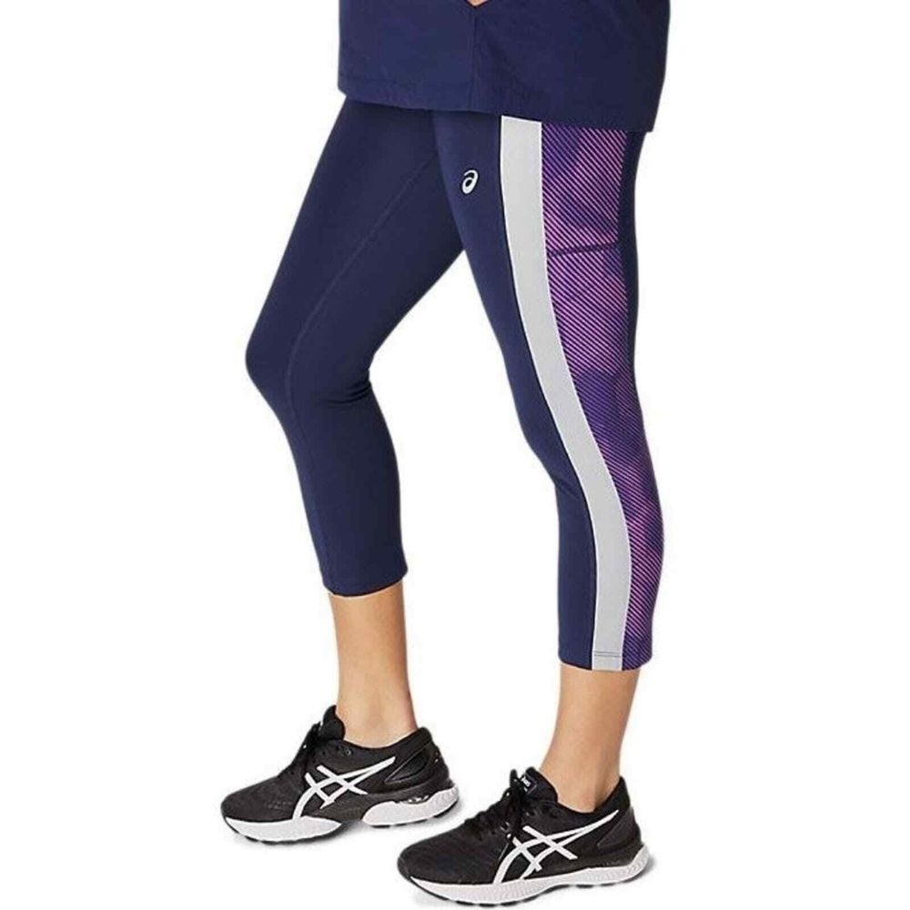 Asics Capri Leggings Womens M Blue Purple Mesh Pocket‎ Reflective Running Pants